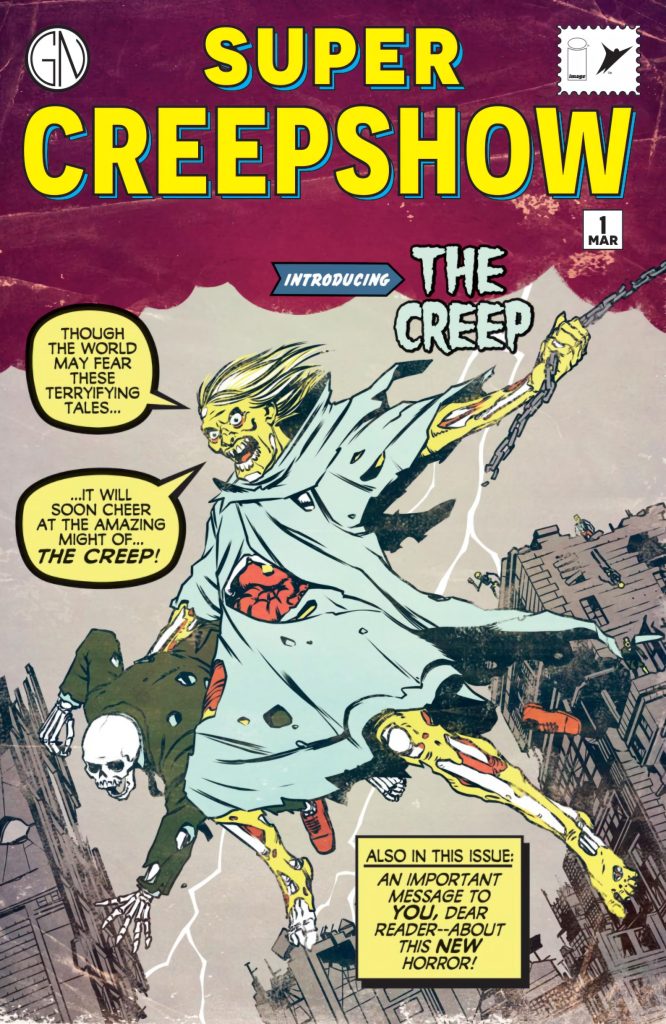 Super Creepshow #1 (2026) - Front Cover - with The Creep swinging through the air as a direct superhero homage. With a corpse in his arms.