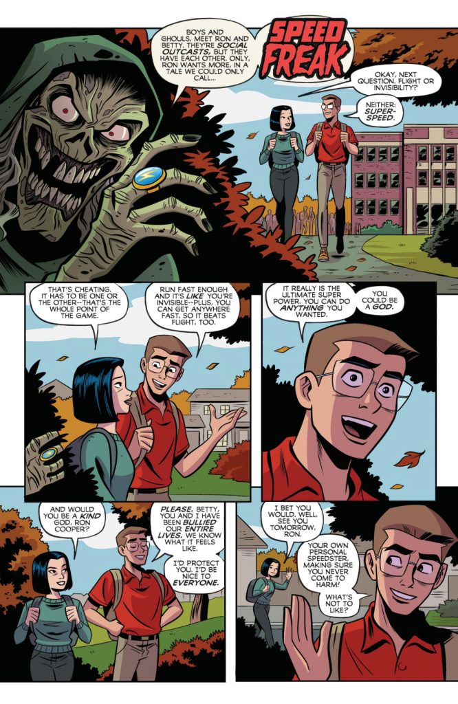 Super Creepshow #1 (2026), Page 15. The Creep introduces us to Betty and Ron who argue over what is the better super power - and what they'd do with it.