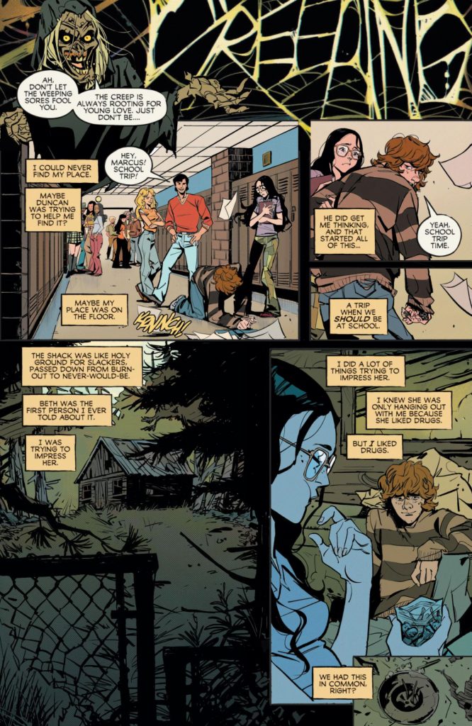 Super Creepshow #1 (2026), Page 3. The Creep introduces us to the world of high school student and drug user, Marcus, the school bully Duncan and Marcus's friend Beth,