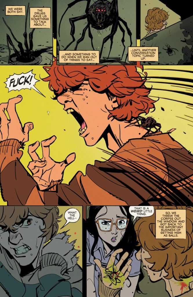 Super Creepshow #1 (2026), Page 4. Marcus is bitten by a freaky looking spider. 