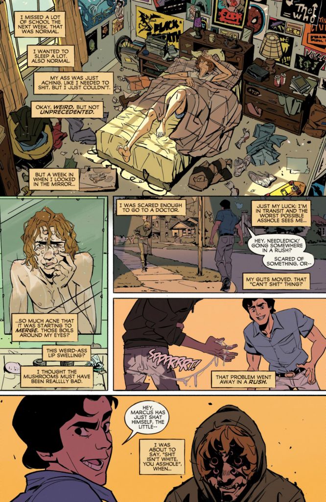 Super Creepshow #1 (2026), Page 5. Marcus wakes up a week later and notices his acne is starting to turn into boils. He's confronted by Duncan who mocks how he looks but Marcus's transformation will be revealed to be super deadly!
