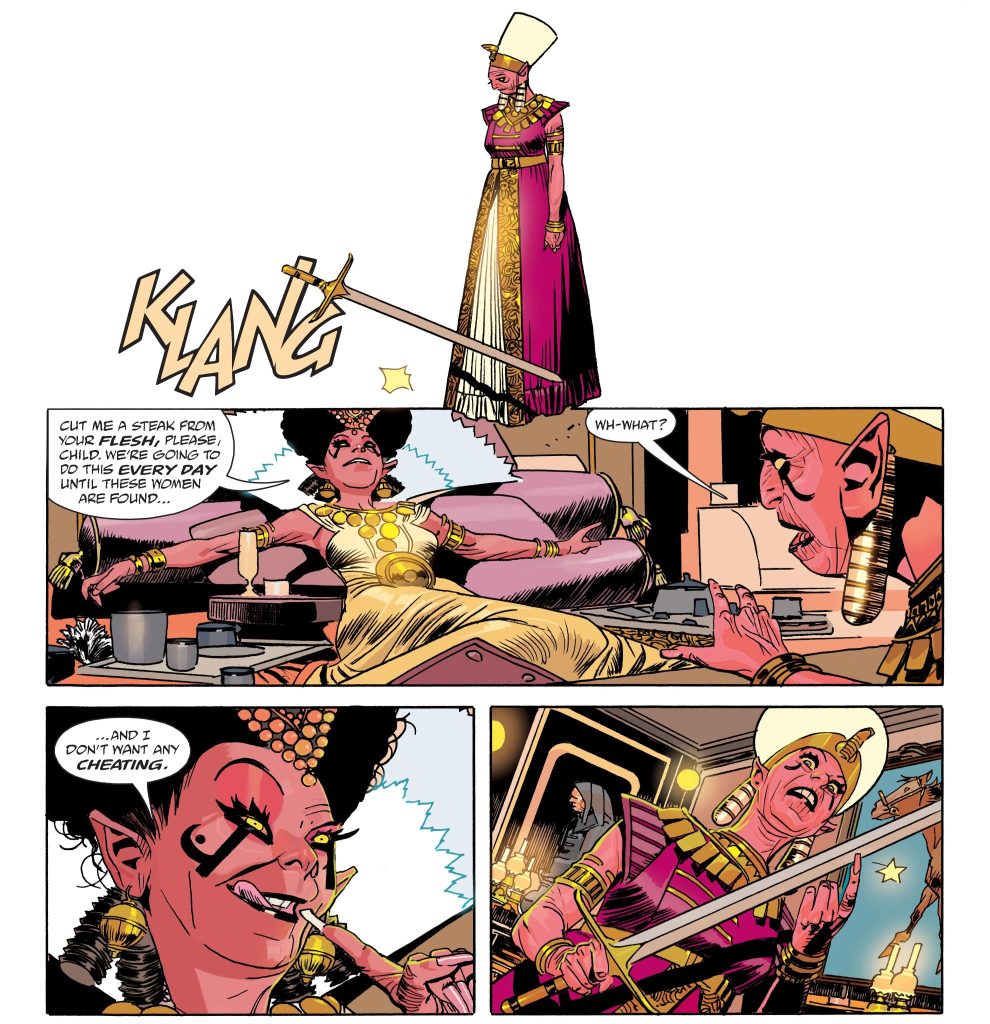 A scene from Star-Crossed #1. The Queen of Enough orders her daughter to cut a steak of flesh from her body
