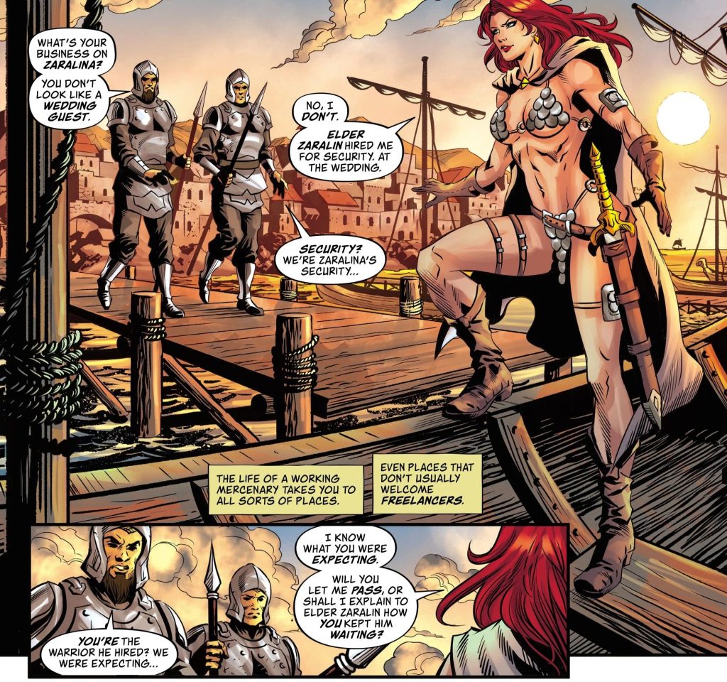 Red Sonja arrives at Zaralina to meet with her Employer
