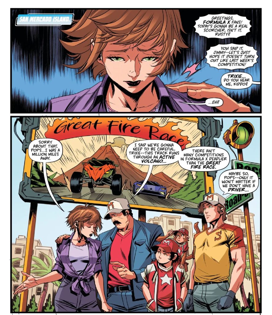 Speed Racer #10 - Page 4 excerpt. Trixie begins to worry for Speed upcoming race through a live volcano.