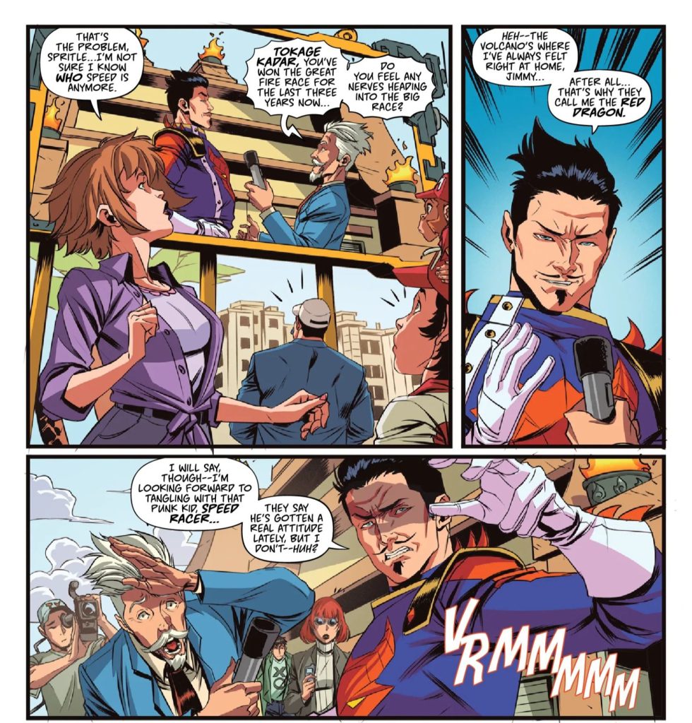 Speed Racer #10 - Page 5 excerpt. Red Dragon is interviewed on TV and doesn't hold back regarding his competitors